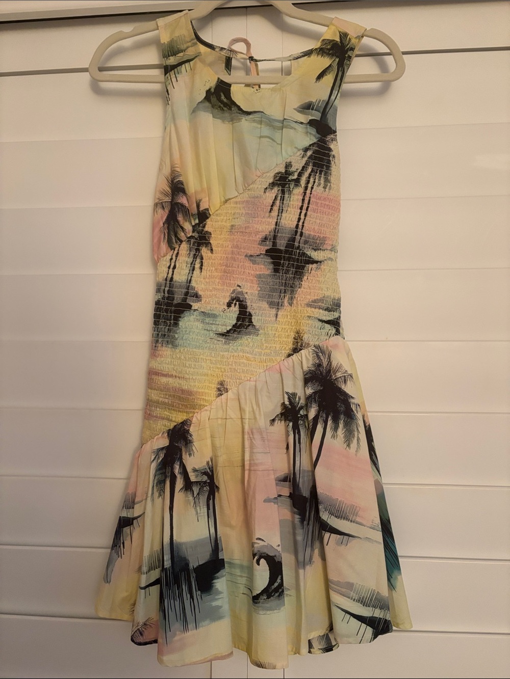 Sleeveless Tropical Palm-Print Mini Dress in Pastel Multi